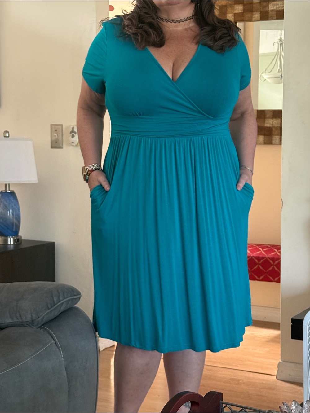Teal Wrap-Front Midi Dress with Pockets